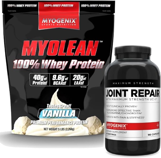 Myogenix Joint &amp Tissue Supplement &amp Myolean Vanilla Whey Protein – Recovery &amp Performance Bundle – UC-II Collagen MSM and 40g High-Protein Whey for Muscle &amp Joint Support