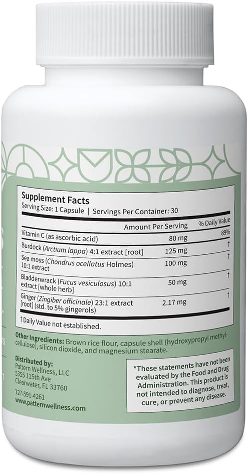Pattern Wellness Sea Moss Complex – Sea Moss Burdock Root Bladderwrack Vitamin C &amp Ginger – Supports Immune &amp Digestive Health – Vegan Non-GMO – 30 Capsules