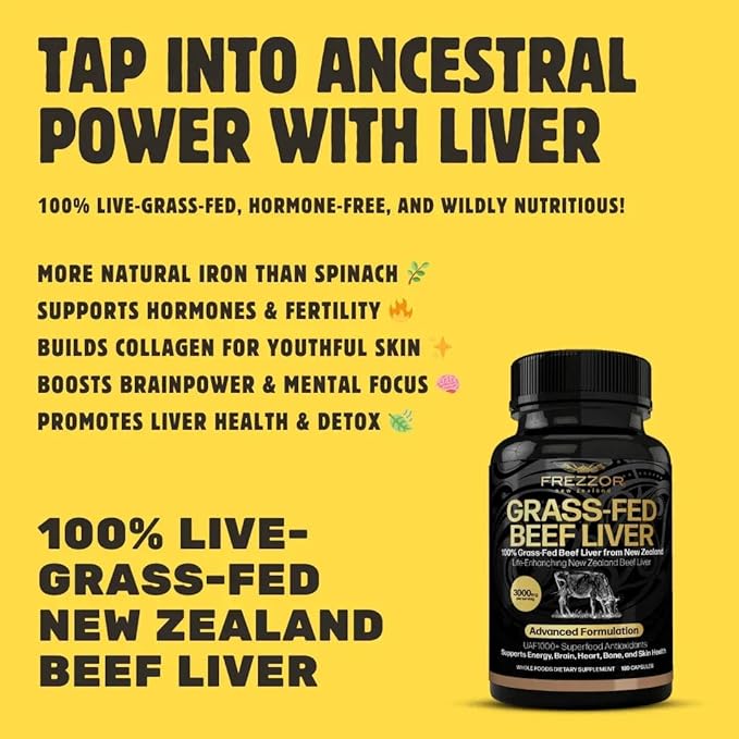 FREZZOR New Zealand 100% Live-Grass-Fed Beef Liver 900 Capsules Supports Energy Production Detoxification Digestion Immunity and Full Body Wellness Non-GMO 3000 mg per Serving