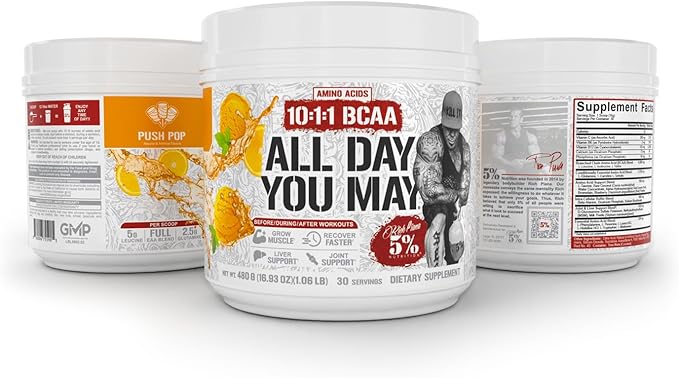 5% Nutrition Rich Piana AllDayYouMay BCAA Powder | Premium Intra &amp Post Workout Amino Acids Hydration Endurance Muscle Recovery Joint &amp Liver Support | 15.87 oz 30 Servings (Push Pop)
