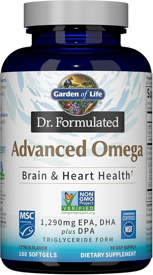 Garden of Life Dr. Formulated Advanced Omega Fish Oil 1290mg EPA DHA &amp DPA in Triglyceride Form - Omega 3 Fish Oil Supplement for Heart Health &amp Brain Support Non-GMO Citrus Flavored 180