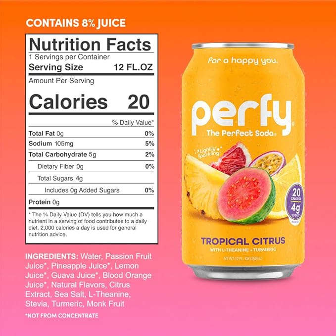 PERFY Caffeine Free Healthy Soda Variety Pack | Made With Real Fruit Juice – Low Sugar Nootropic Drinks with L-Theanine + Turmeric or Ashwagandha | Calming Functional Mocktail Sampler | Keto + GLP-1 F