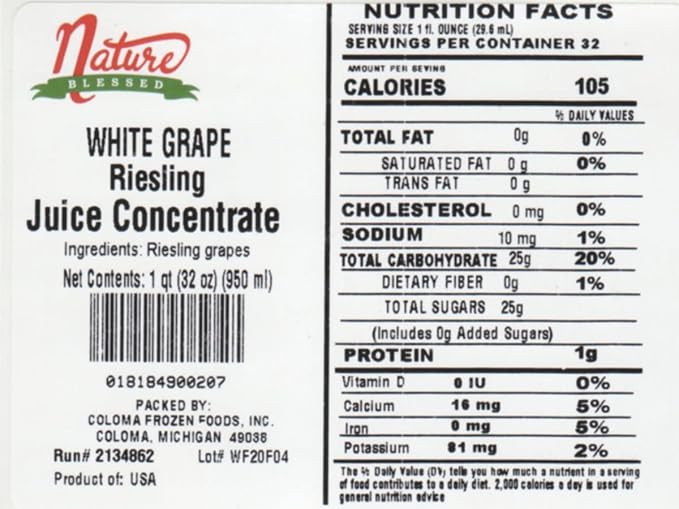 Nature Blessed 100% Pure Riesling White Grape Concentrate - 1 Quart (1/32 fl oz bottle) Applications: Home Wine Making Beer Brewing Distilling Smoothies Jelly Production