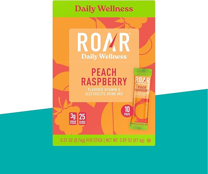 ROAR Organic Daily Wellness - Prebiotic Green Superfood Hydration Packets with Antioxidants - No GMOs Gluten Free - Peach Raspberry - 10 pc