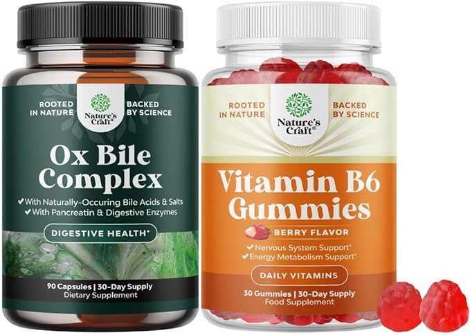 Bundle of Digestive Enzymes with Ox Bile Supplements for No Gallbladder for Pancrease Cleanse &amp Detox and Potent Vitamin B6 Gummies for Adults - Vitamin B Complex Supplements for Nervous System