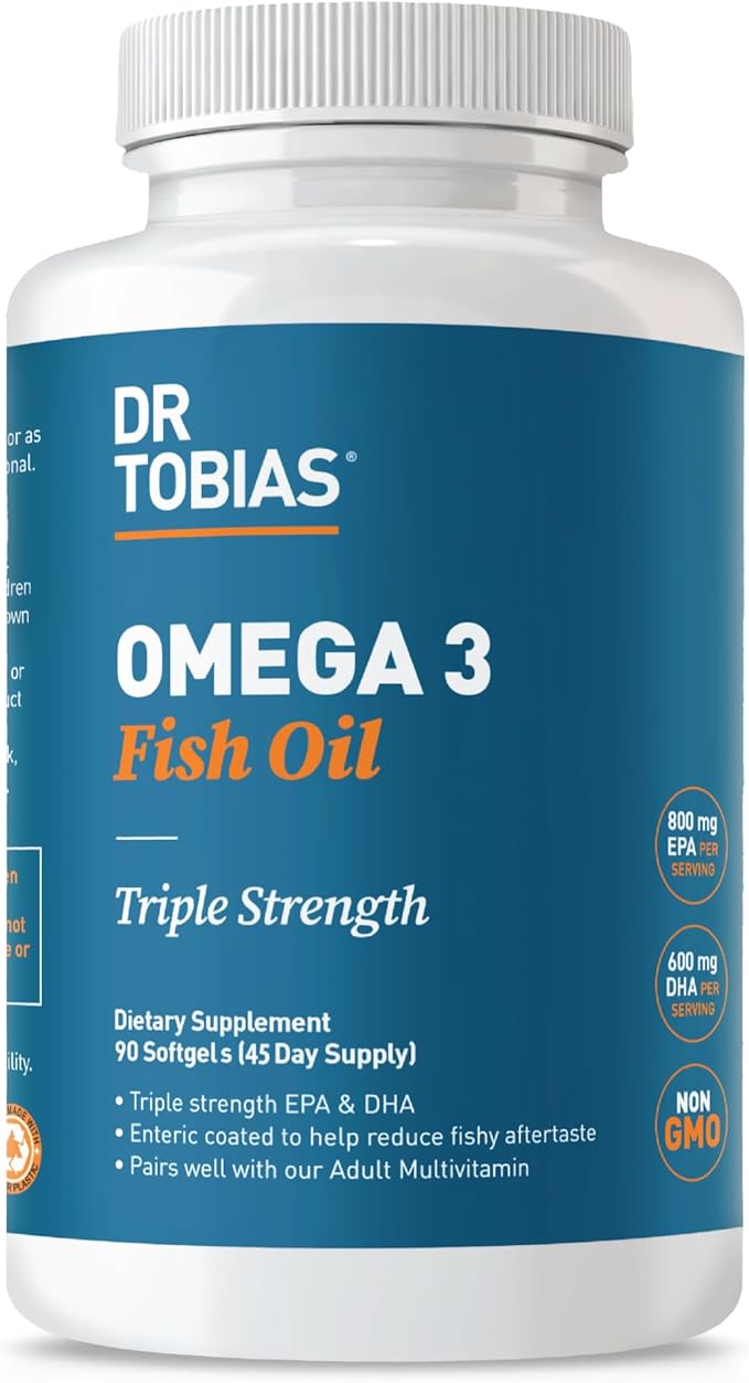 Dr. Tobias Omega 3 Fish Oil 2000mg Triple Strength with 800mg EPA 600mg DHA Per Serving | Fish Oil Omega 3 Supplements for Heart Brain &amp Immune Support - 90 Softgels (45 Servings)