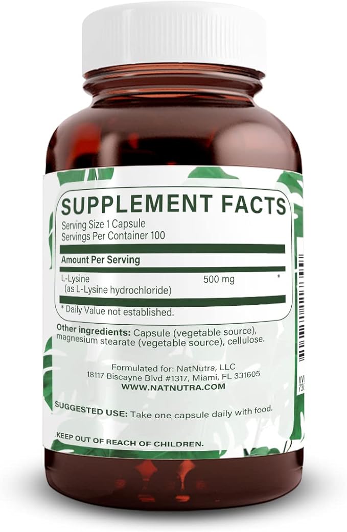 Natural Nutra L-Lysine HCl 500mg – Non-GMO Vegan Amino Acid Supplement Supports Immune Health &amp Collagen Production 100 Capsules