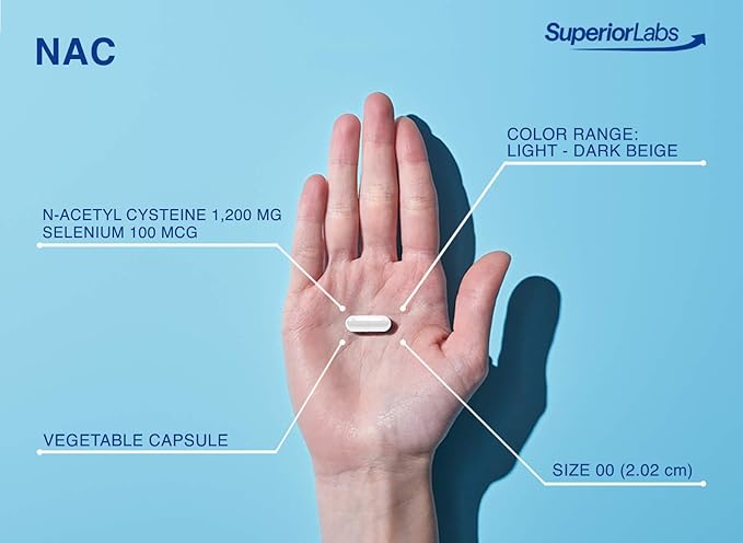 Superior Labs NAC (N-Acetyl Cysteine) 1200mg 150 Vegetable Capsules Dietary Supplement with Selenium Free Radical Protection Normal Immune System Function Maintains Cellular Health