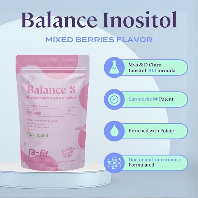 B-FIT B Inositol Balance - Inositol 40:1 Myo &amp D-Chiro - Supports Hormone Balance and Ovarian Health - Powdered Food Supplement - Berry Flavor - Folic Acid - 150g