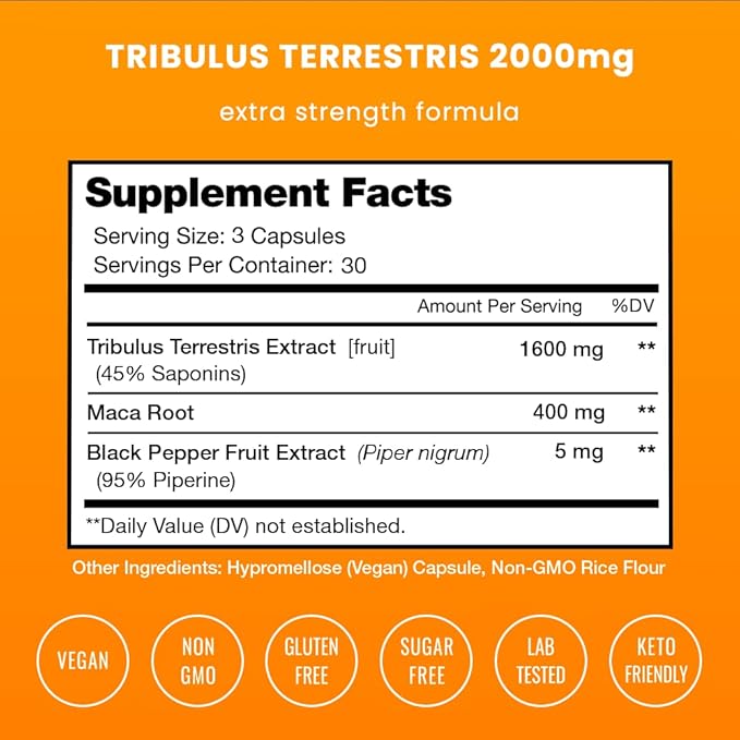 NutraChamps Tribulus Terrestris for Men 2000mg Supplement Booster for Energy Vitality Stamina &amp Performance Extra Strength Saponins 90 Vegan Capsules