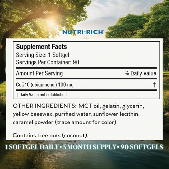 Nutri-Rich CoQ10 Softgels Coenzyme Q10 Ubiquinone for Heart &amp Energy Statin Usage &amp Cellular Health Third Party Tested GMP Quality No Artificial Additives No Soy Gluten Free 90 Count