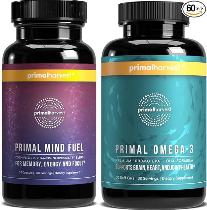 Primal Harvest Mind Fuel &amp Omega 3 Supplements for Women and Men Fish Oil Capsules and Mind Fuel Brain Booster Pills Bundle