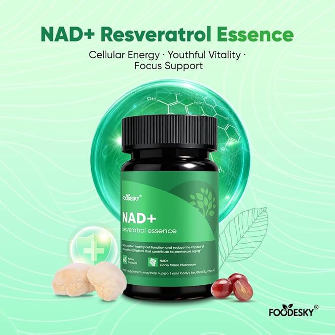 NAD+ Resveratrol Essence Capsules - 5mg NAD+ &amp Lion's Mane Mushroom - Supports Healthy Cell Function &amp Daily Wellness - 60 Active Dietary Capsules (1PCS)