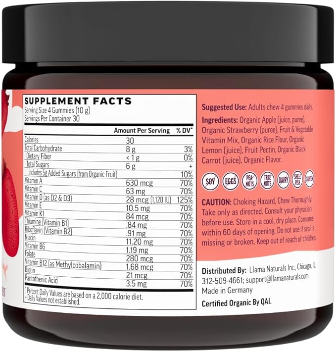 Llama Naturals Multivitamin for Women &amp Men Vegan Organic Gummies with Vitamin D C &amp K Adults Real Fruit Gummy Vitamins Chewable Multivitamin Supplement No Added Sugar Cane Strawberry