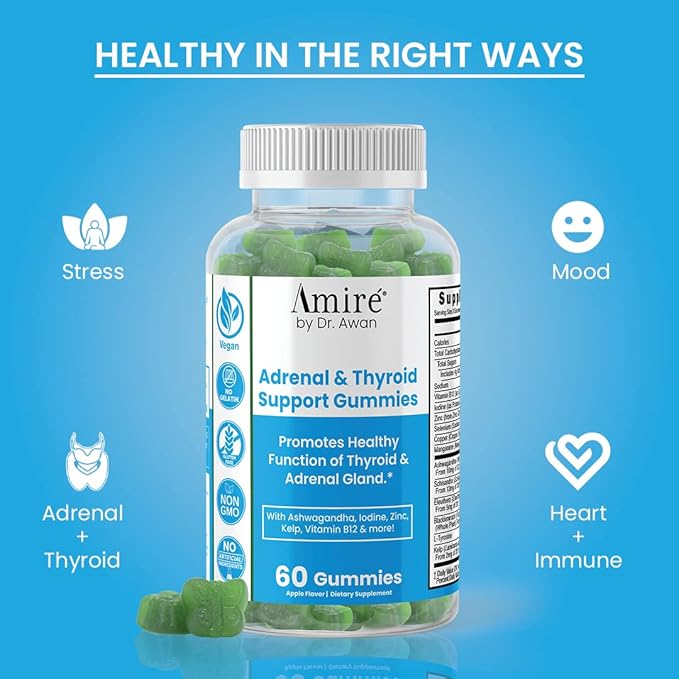Amire by Dr. Awan Thyroid Support Gummies Promotes Healthy Function of Thyroid Kelp Selenium &amp Ashwagandha to Improve Energy Immunity Metabolism 240ct 120day Supply