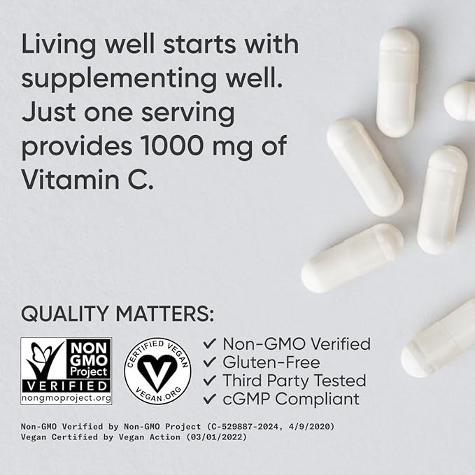 Sports Research High Potency Vitamin C Supplement - Vegan Veggie Capsules for Antioxidant Activity &amp Immune Support - Non-GMO Verified &amp Gluten Free - Ascorbic Acid Vitamin C 1000mg 240 Count