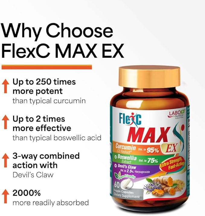 LABO Nutrition FlexC MAX EX with Turmeric Curcumin C3 Reduct 95% Tetrahydrocurcuminoids Bioperine Boswellia Extract &amp Devil’s Claw Effective Antioxidation Joint &amp Body Discomfort Relief