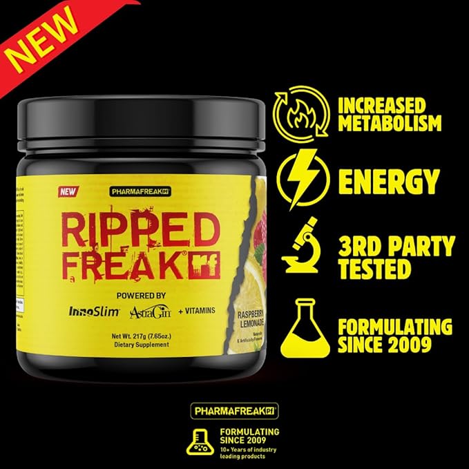 Pharmafreak Ripped Freak Fat Burner Powder – Maximum Strength Thermogenic Formula for Men &amp Women | Energy Focus &amp Weight Loss Support | Raspberry Lemonade | 217g