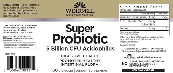 Windmill Natural Vitamins Super Probiotic Plus with Acidophilus (5 Billion CFU) 60 Capsules (Pack of 3)