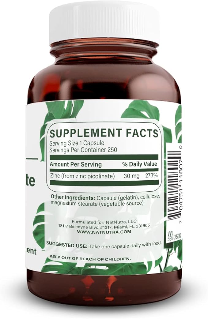 Natural Nutra Zinc Picolinate 30 mg Double Strength Raw and Pure Highly Bioavailable Supplement for Growth and Immune Support Helps Support Metabolic System Decrease Common Cold 250 Capsule