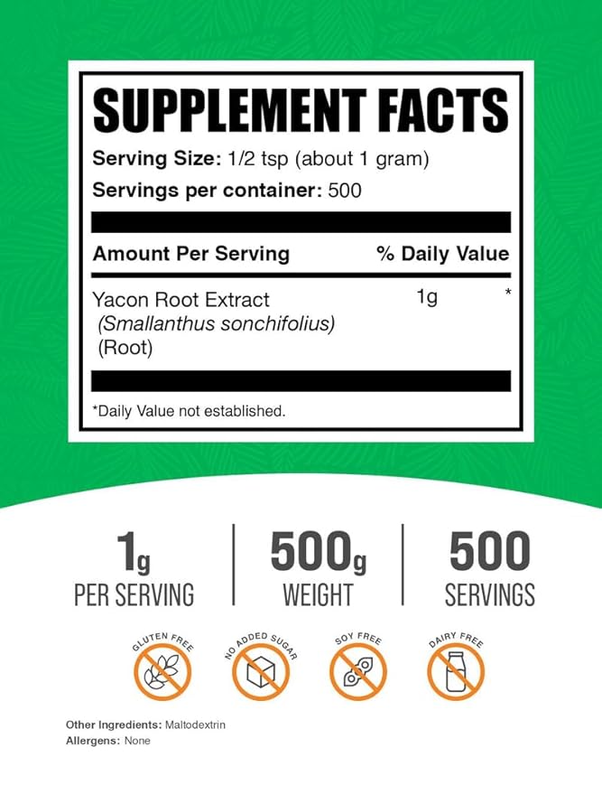 BulkSupplements.com Yacon Root Extract Powder - Sugar Substitute Natural Fiber Sweetener - Gluten Free 1g per Serving 500g (1.1 lbs) (Pack of 1)