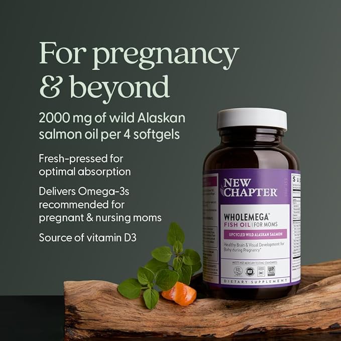 New Chapter Wholemega for Moms Fish Oil Supplement Tiny Capsules 2000mg per Serving Prenatal DHA with Omega-3 + Vitamin D3 for Prenatal &amp Postnatal Support 500mg Each - 180 Count