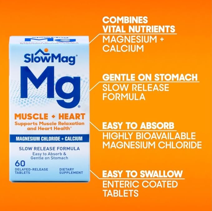 SlowMag Mg Muscle + Heart Supports Muscle Relaxation and Heart Health. Magnesium Chloride + Calcium Slow-Release Tablets Easy to Absorb and Gentle on the Stomach. 60 Count (Pack of 2)