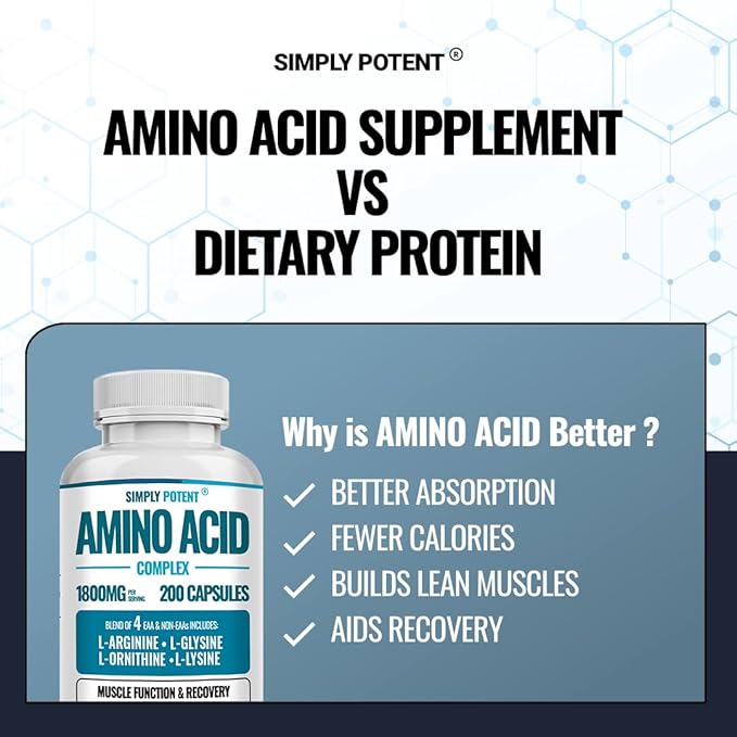 Simply Potent Amino Acid Complex 1800mg 200 Capsules Blend of 4 Essential and Non Essential Amino Acids Includes L-Arginine 550mg L-Ornithine 500mg L-Glysine 400mg &amp L-Lysine 350mg for Muscle