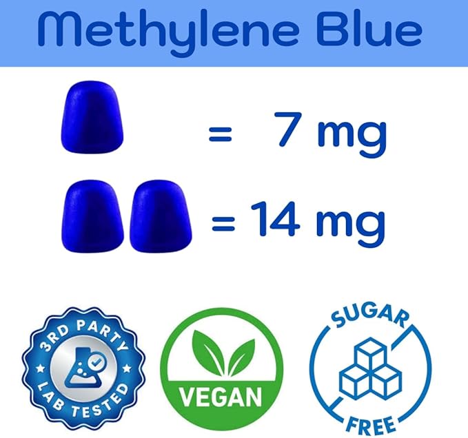 Methylene Blue for Humans USP Pharma Grade 7mg and 14mg dose - 3rd Party Certified Quality - Sugar Free Vegan - Berry Flavor 60 Gummies