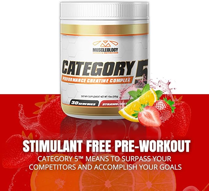 Muscleology Category5 Stim-Free Pre-Workout – Creatine Beta-Alanine &amp Magnesium Performance Formula – Electrolytes for Strength Power &amp Endurance – No Caffeine – Strawburst Flavor