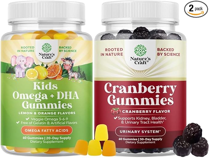 Bundle of Plant Based Omega 3 Gummies for Kids and Natural Cranberry Gummies for Women and Men - for Vision Immunity and Focus Support - for Urinary Tract Health Kidney Support Bladder and Immunity