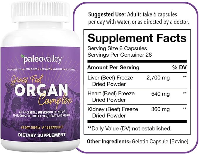Paleovalley Grass Fed Beef Organ Complex - Freeze-Dried Beef Liver Heart and Kidney Blend 1 Bottle