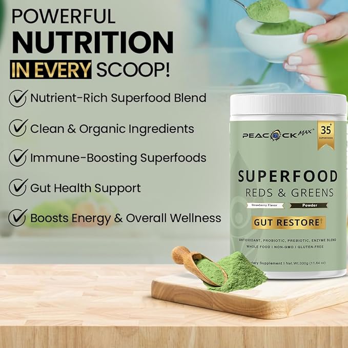 Superfood Reds &amp Greens Powder - 11.64 oz Prebiotics &amp Probiotics for Digestive Health Super Greens Powder with Ashwagandha for Gut Health Immunity Antioxidants Strawberry Flavor Vegan