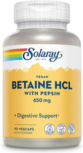 SOLARAY Vegan Betaine HCL with Pepsin - Hydrochloric Acid Supplement for Digestive Health - with Betaine Hydrochloride and Digestive Enzymes - Gut Health Support - 60-Day Guarantee 90 VegCaps