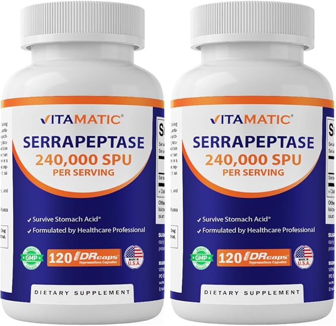 Vitamatic Serrapeptase 240000 SPU Servings 120 Delayed Released Capsules - Enteric Coated - Non-GMO- Made in the USA (120 Count (Pack of 2))