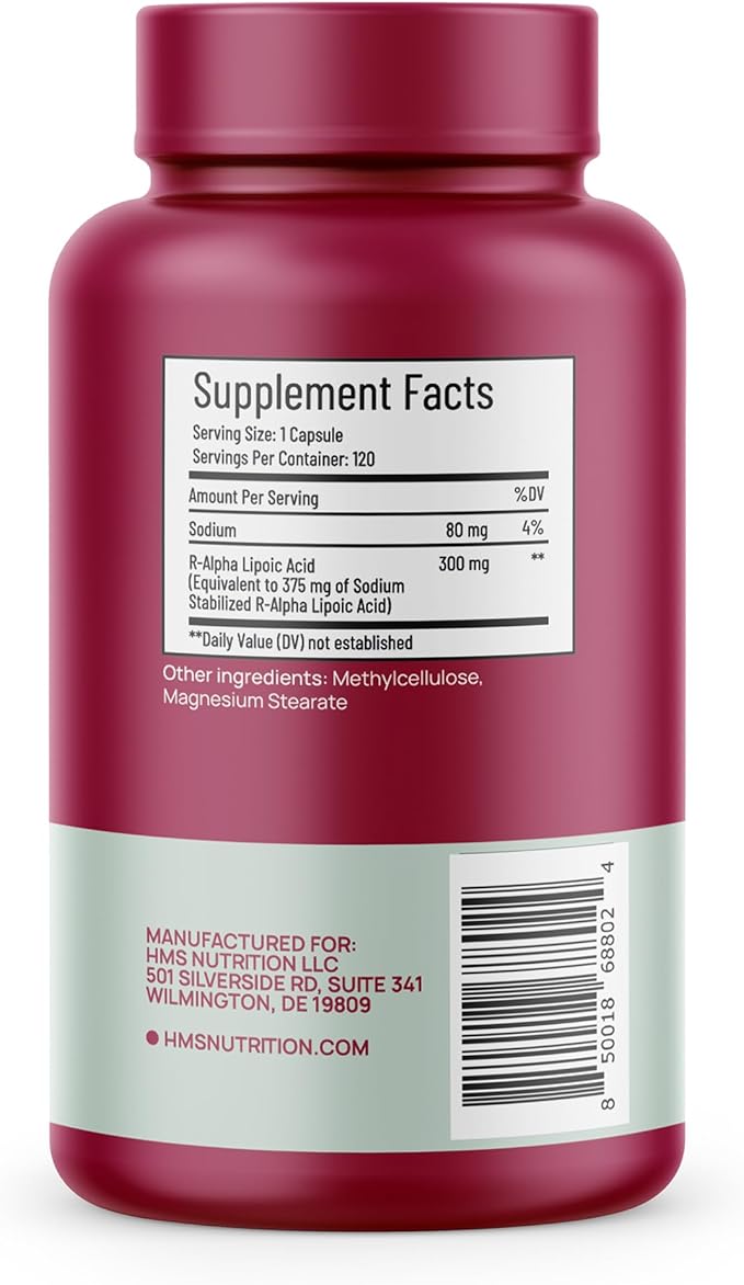 HMS Nutrition Stabilized R-Lipoic Acid 300mg per Serving — Pure R Alpha Lipoic Acid (R-ALA) High Potency Active R Isomer Antioxidant Nerve &amp Metabolism Support — NSF Certified Non-GMO Vegan 120Cap