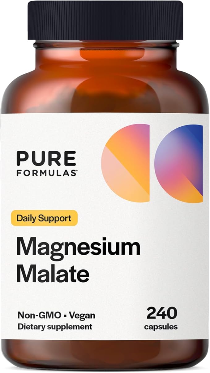 PureFormulas Magnesium Malate Capsules - Chelated Magnesium as DiMagnesium Malate - Highly Bioavailable Form to Support Energy Bone Health + Muscle Recovery malato de magnesio 360 mg - 240 Capsules