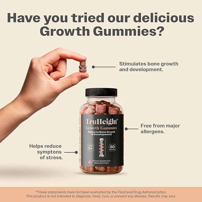 TruHeight Growth Gummies (Watermelon) Tall Nutrition for Natural Growth Supplement for Kids &amp Teens - Vitamin D K Calcium &amp Ashwagandha Bone Strength Vitamins D3 K2 Picky Eater Taller Age