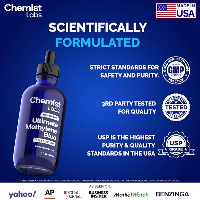 Methylene Blue – 1% Solution | 99.99% USP-Grade Liquid Drops –Mitochondrial &amp Cellular Support – 4oz (120ml) – Formaldehyde-Free – Made in USA