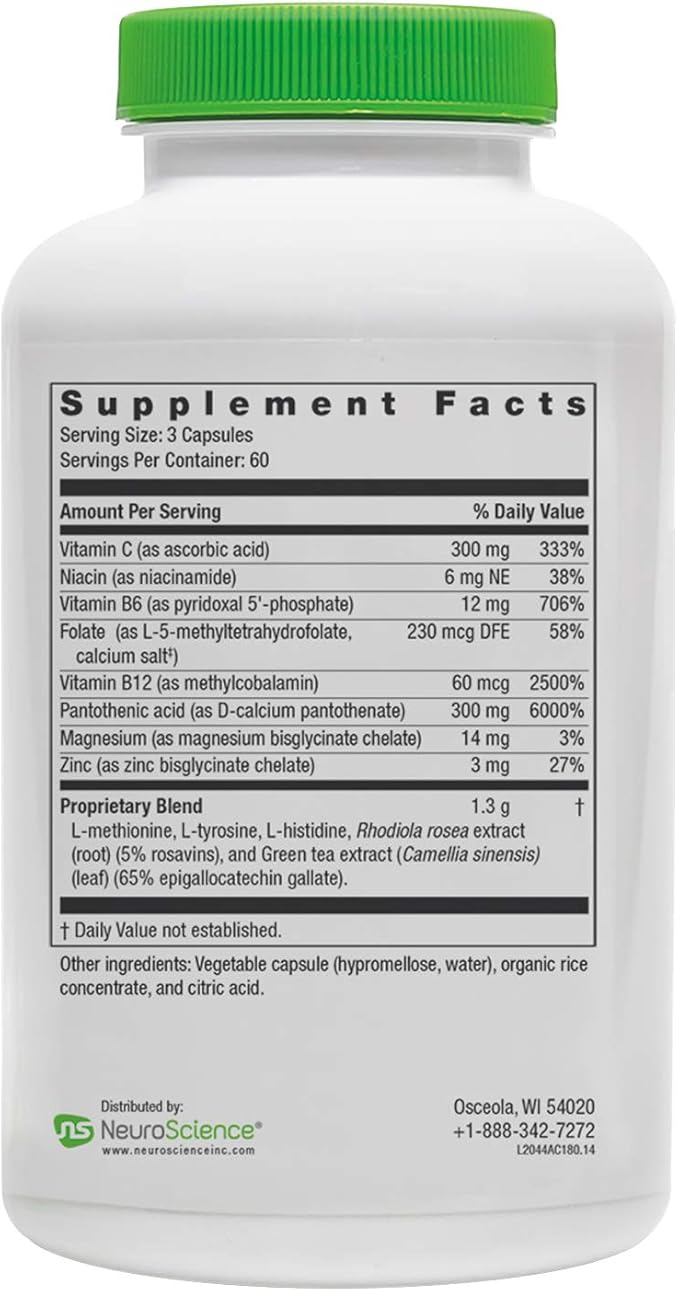 Neuroscience AdreCor - Adrenal Support Supplements with Rhodiola L-Tyrosine B Vitamins &amp Magnesium - Cortisol Detox for Women &amp Men for Stress Fatigue and Energy Support (180 ct)