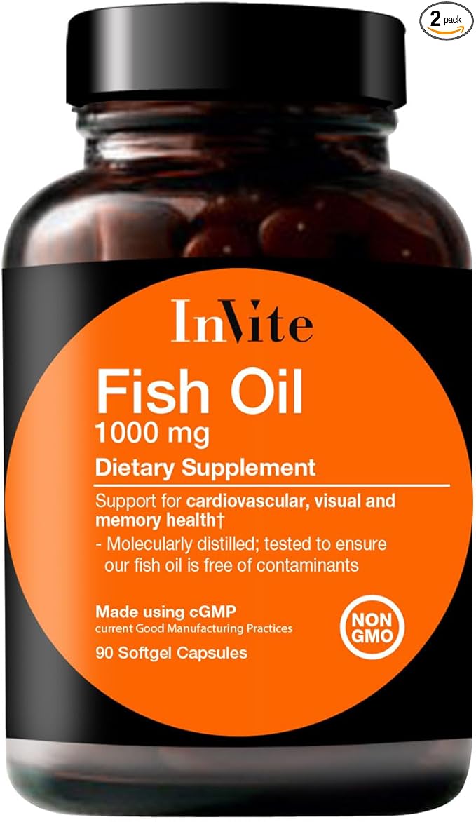 Invite Health Fish Oil 1000 mg - High-Potency Pharmaceutical-Grade EPA and DHA - Provides Omega-3 Fatty Acids to Support Brain and Heart Health - 90 Softgel Capsules (2-Pack)