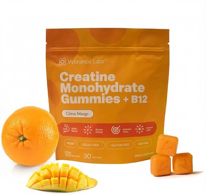 VYBRANCE LABS 3-in-1 Creatine Monohydrate Gummies | 5g Creatine + Taurine + Vitamin B12 | Muscle Strength Brain Energy &amp Focus | Sugar-Free Vegan | Men &amp Women | Citrus Mango