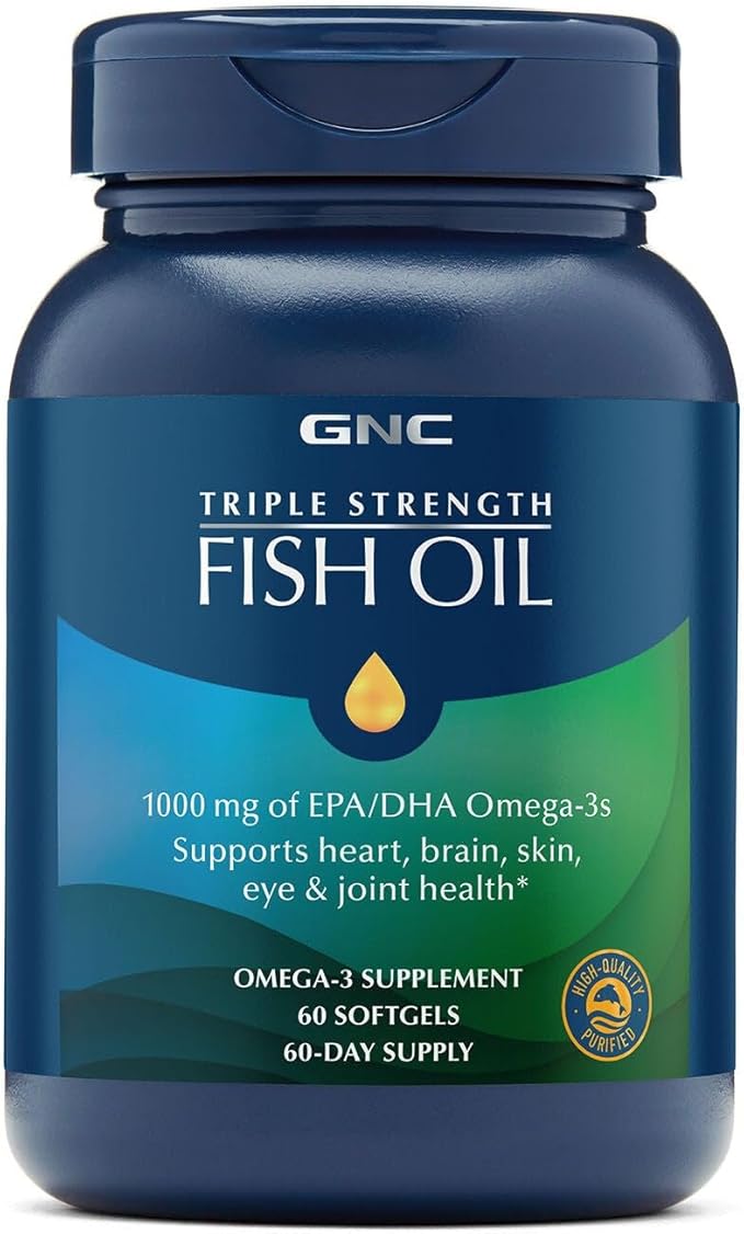 GNC Triple Strength Fish Oil Omega 3 Supplement 1000mg EPA and DHA Supports Heart Brain Skin Eye and Joint Health 60 Softgels