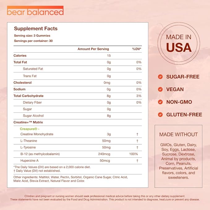 Bear Balanced Creatine Gummies for Men &amp Women - Creapure® Creatine Monohydrate L-Theanine L-Tyrosine &amp B12 for Muscle Growth Strength Focus Energy &amp Health - Low Calorie Sugar-Free