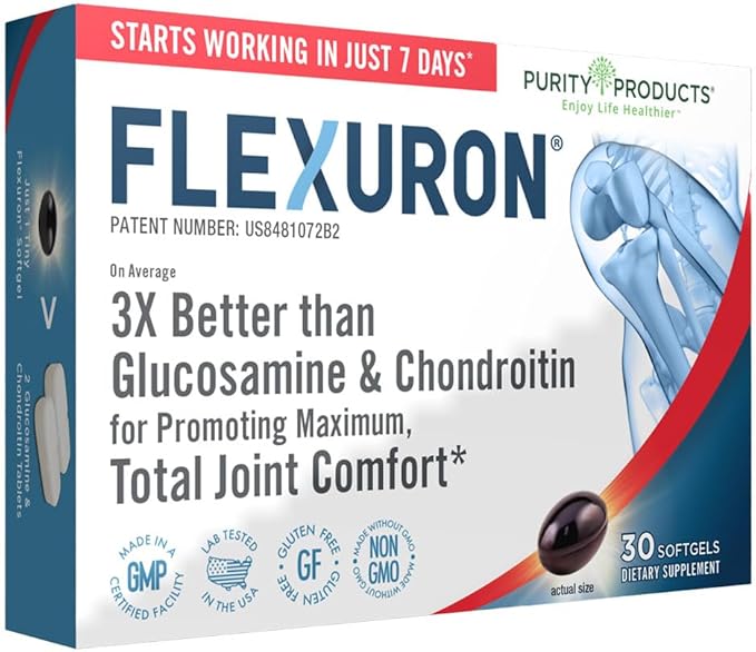 Purity Products Flexuron Joint Formula 3X Better Than Glucosamine and Chondroitin - Starts Working in just 7 Days - Krill Oil Low Molecular Weight Hyaluronic Acid Astaxanthin - 30 Count (1)