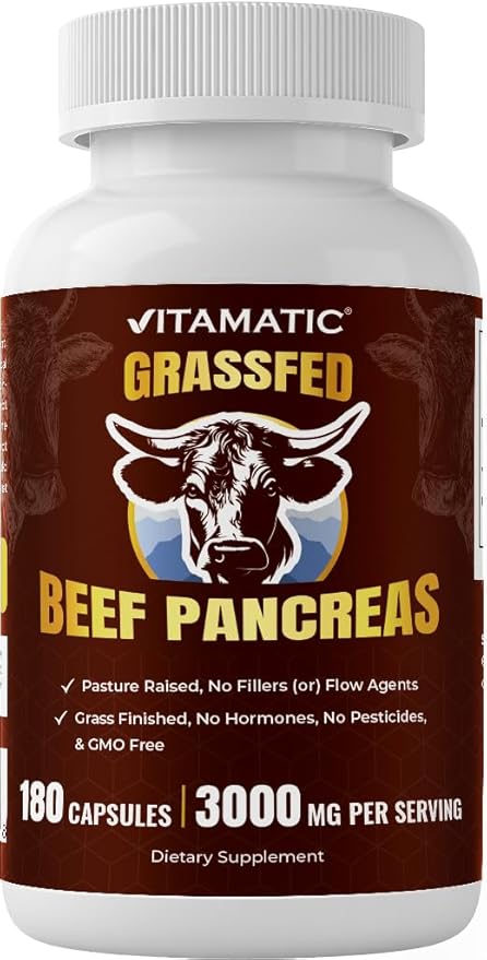 Vitamatic Grass-Fed Beef Pancreas 180 Capsules – Freeze-Dried Non-GMO Bovine Supplement – Pasture-Raised -Based Formula
