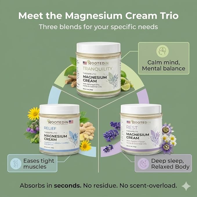 Rooted In Starter Set Includes Tranquility Rest &amp Relief Magnesium Cream - Infused with 500mg Pure Magnesium Herbs &amp Essential Oils - Non Greasy Perfect Self-Care Gifts for Adults &amp Kid