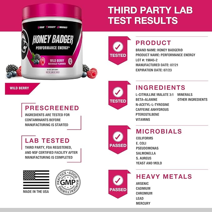 Honey Badger Pre Workout Powder &amp BCAA Amino Acids Powder Bundle | Beta Alanine Caffeine &amp Vitamin C + Electrolytes | Vegan Keto Sugar Free &amp Paleo for Men &amp Women | 30 Servings (Wild