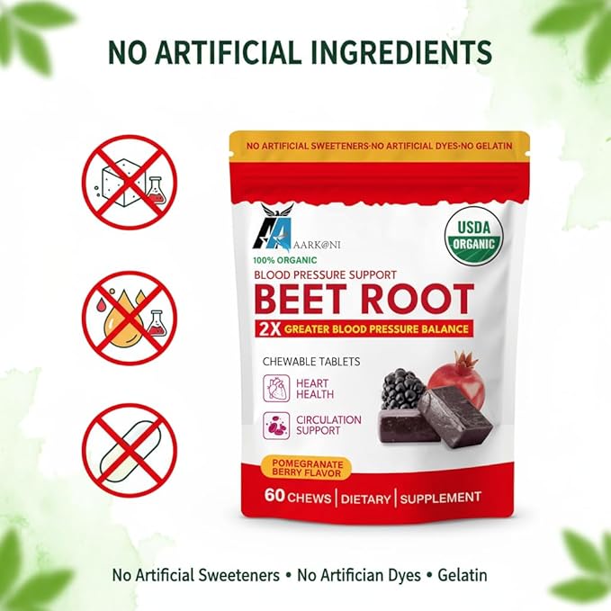 Aarkani Organic Beet Root Chewable Tablets Blood Pressure Support 60 Count Pomegranate Berry Flavor