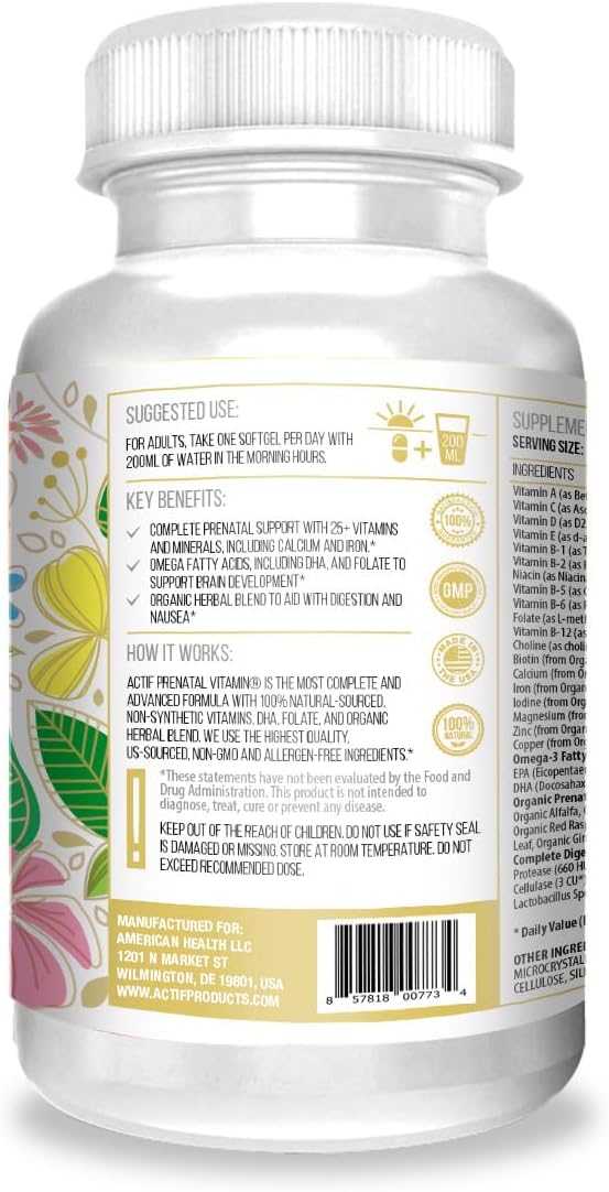 ACTIF Organic Prenatal Vitamin with 30+ Organic Vitamins 100% Natural DHA EPA Omega 3 and Organic Herbal Blend - Non-GMO 90 Count 2024 Formula